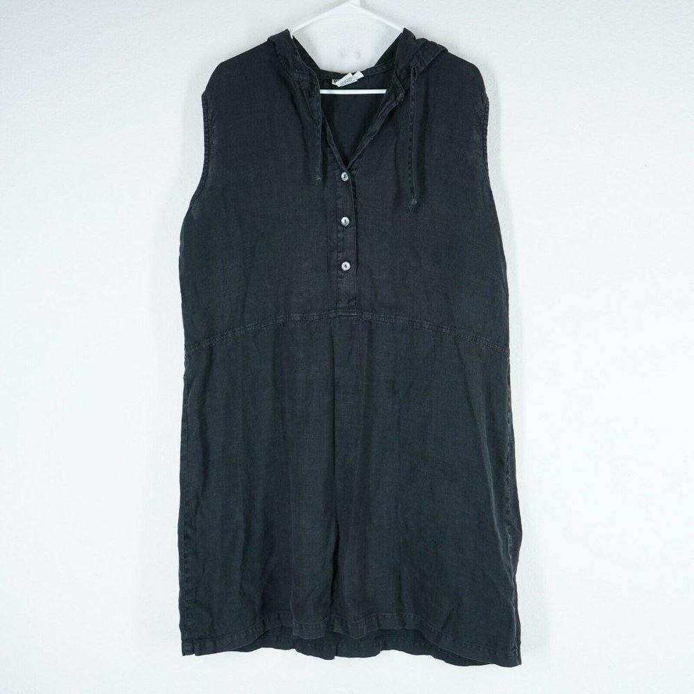 SUNBELT Dress Womens XL Black 100% Linen Hooded Sleeveless Oversize Lagenlook